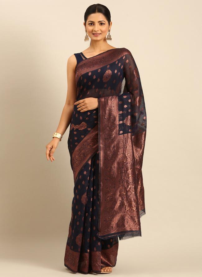 Cotton Navy Blue Daily Wear Weaving Saree